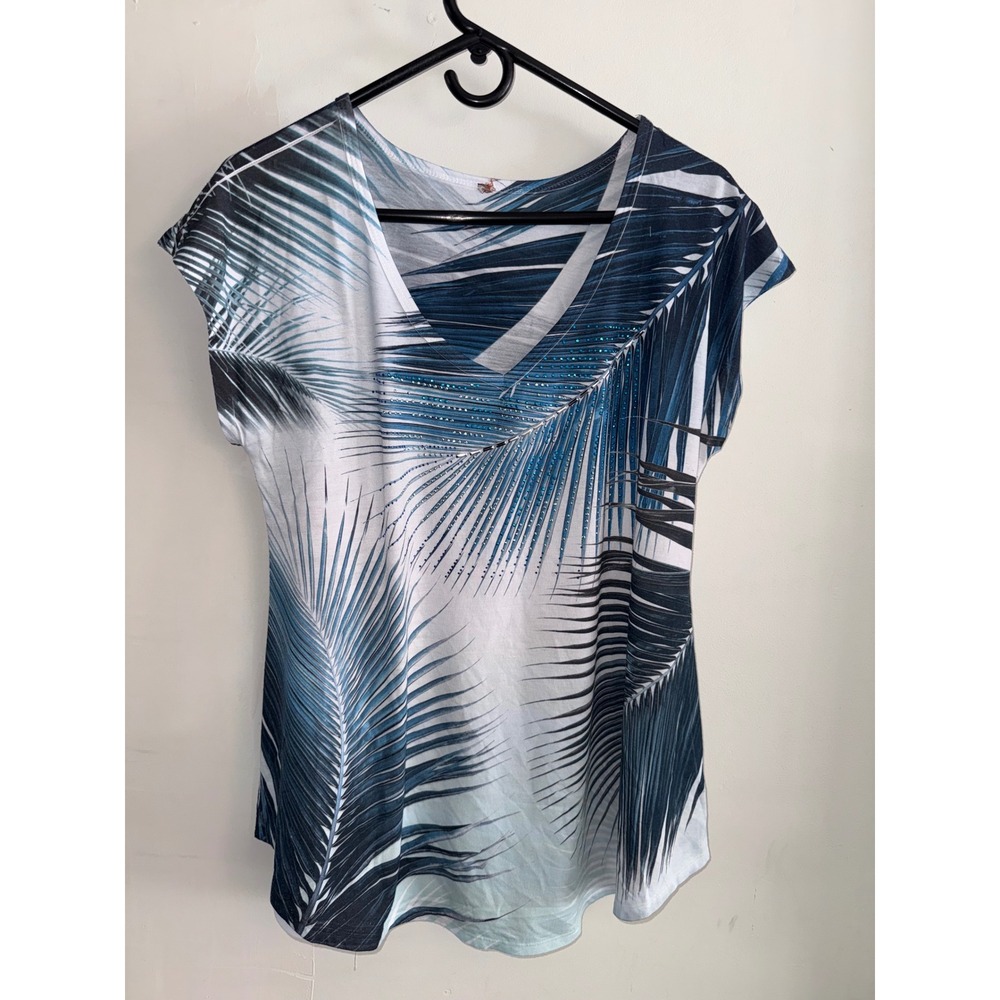 Womens Blue Tropical Palm Leaf Rhinestone V-Neck Cap Sleeve Top